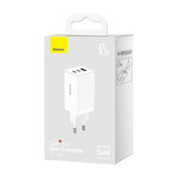 Baseus Incarcator retea Baseus GaN5 PRO, Quick Charge 65W, 2 porturi USB PD, 1 port USB Quick Charge, include cablu USB -C la USB-C de 100W, lungime 1m, alb