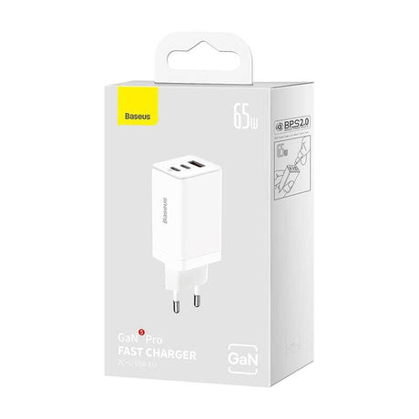 Baseus Incarcator retea Baseus GaN5 PRO, Quick Charge 65W, 2 porturi USB PD, 1 port USB Quick Charge, include cablu USB -C la USB-C de 100W, lungime 1m, alb