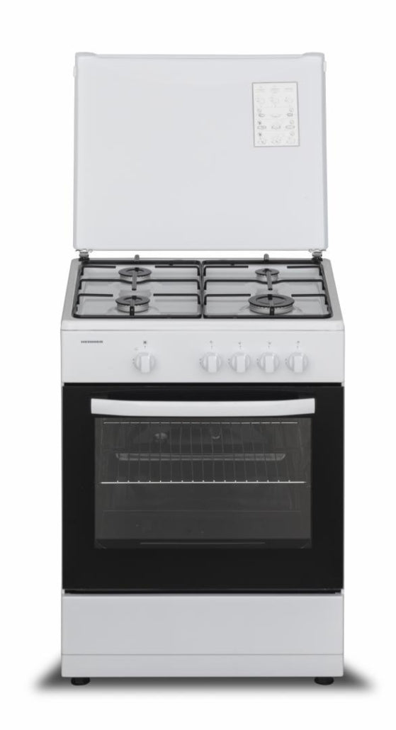 [RESIGILAT] Aragaz Heinner HFSC-SME60WH | 60cm, 4 Arzatoare, Capac Metalic, Alb, 60x55x85cm