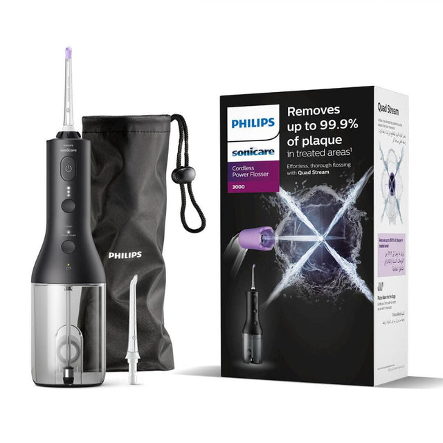 Philips Irigator bucal PHILIPS Sonicare Cordless Power Flosser 3000 HX3826/33, Tehnologie QuadStream, Portabil, 2 moduri de curatare, 3 niveluri de intensitate, 2 x capete de curatare si 1 x husa transport, N