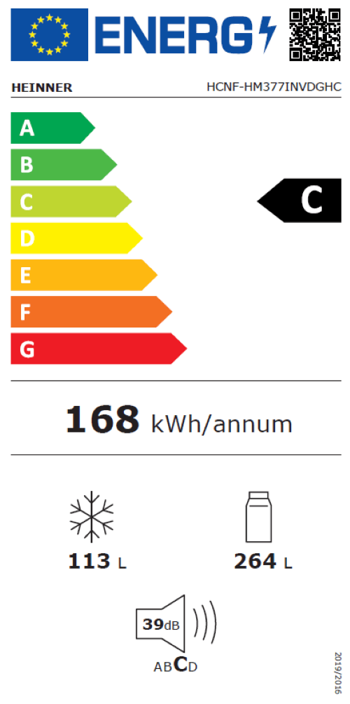 Heinner Combina frigorifica Combina Frigorifica Heinner HCNF-HM377INVDGHC | 377L, No Frost, Inverter, Clasa C, 60x67.5x200.5cm