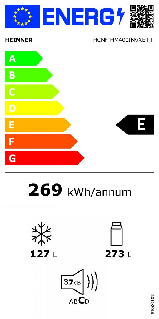 Combina frigorifica Heinner HCNF-HM400INVXE++, No Frost, MaxStorage, tehnologie Dual Inverter, clasa energetica: E, capa