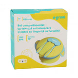 Bol Compartimentat cu Ventuza Antialunecare și Capac cu Lingurita și Furculita, Blue, U-grow