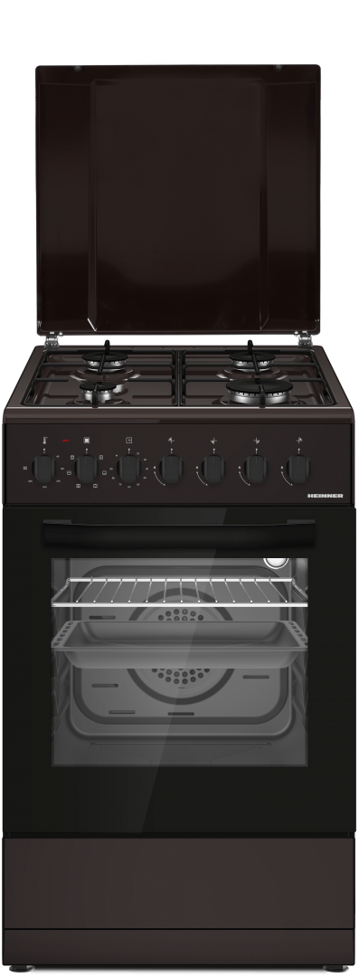 Heinner Aragaz Aragaz Mixt Heinner HFSC-S60LITGC-BRW | 60cm, 4 Arzatoare, Cuptor Gaz, Maro, 49.8x61x86cm