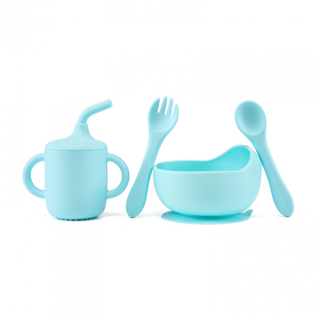 Set 4 Piese Diversificare din Silicon: Cana cu Pai, Bol, Lingurita și Furculita, Blue, U-grow