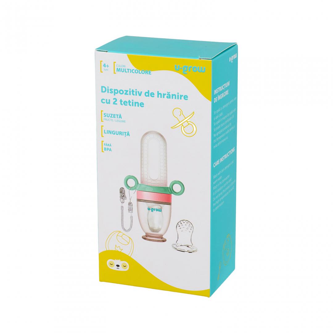 Dizpozitiv de Hranire cu 2 Tetine : Suzeta Fructe + Lingurita, U-grow