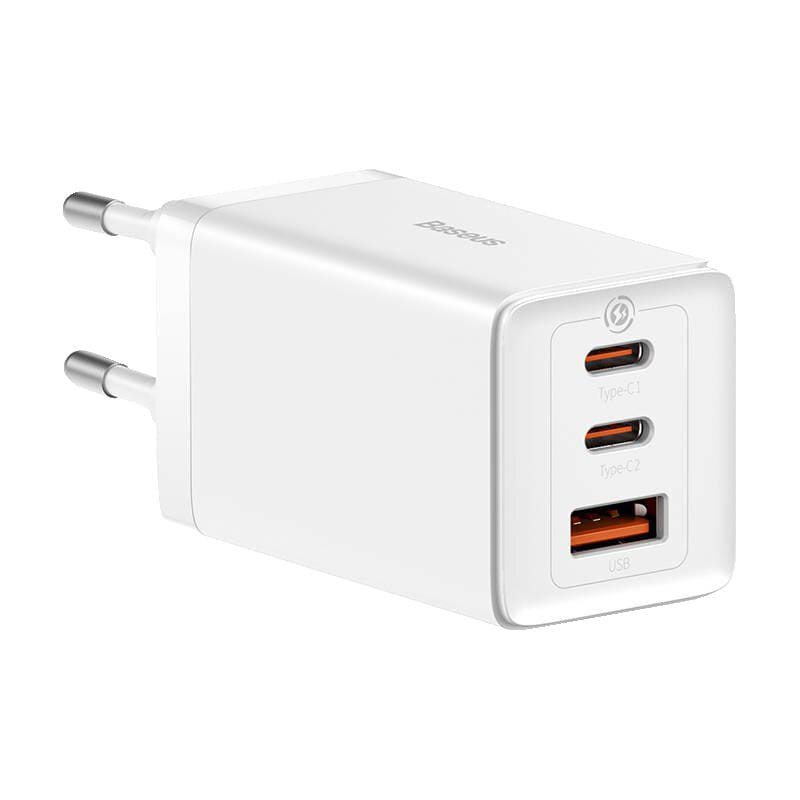 Baseus Incarcator retea Baseus GaN5 PRO, Quick Charge 65W, 2 porturi USB PD, 1 port USB Quick Charge, include cablu USB -C la USB-C de 100W, lungime 1m, alb