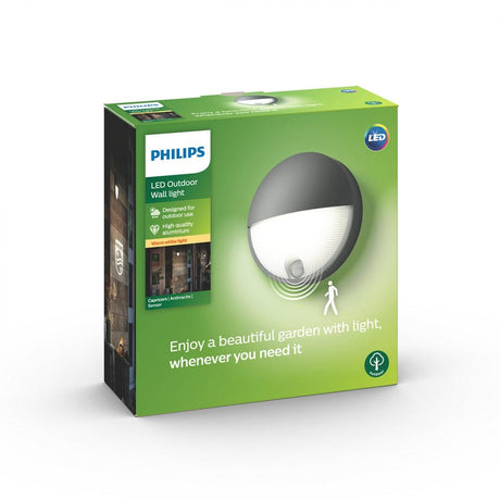 Philips Aplica LED pentru exterior cu senzor de miscare Philips Capricorn ,6W(47W), 600 lm, lumina calda (2700K), IP44, 78x214mm, Antracit