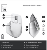 Mouse Logitech MX Master 3S, Wireless/Bluetooth fara fir, rezolutie 8000 DPI, optic, butoane/rotite 7, alb