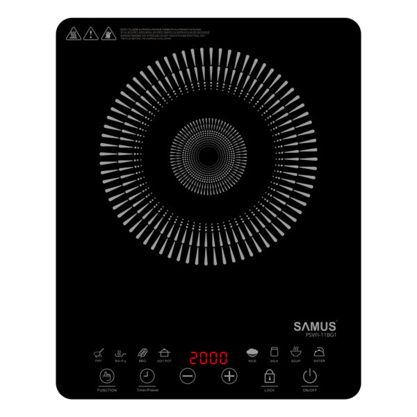 Plită electrică Samus PSVFI-11BG1 - Plita Inductie portabila, putere 2000 W, control tactil cu senzor, placa de cristal negru 280x350 mm, afisaj electronic digital, 8 functii inteligente de gatit, reglaj temperatura si putere in 8 trepte, temporizator(1 m