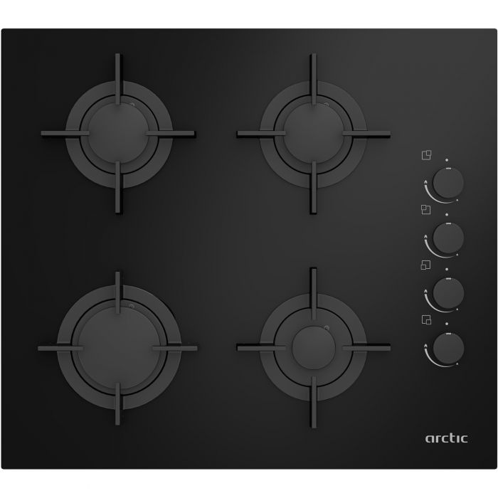 Plita sticla Arctic, pe gaz, control butoane laterale negre, suport vase din fonta, 4 arzatoare, aprindere integrata, si