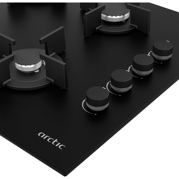Plita pe Gaz Arctic ARSGN64125S | 4 Arzatoare, 60cm, Sticla, Negru, 59x52.5x4.6cm