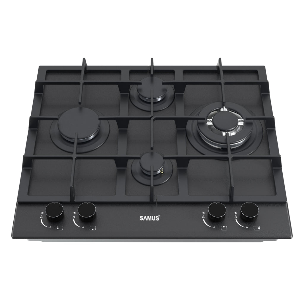 Plita Built-in-inox-gaz Samus PSG-64SMGN2 - sticlă neagră mată, sticlă cu acoperire Nano pentru curățare ușoară (protecție la murdărie și zgârieturi), lăţime 58 cm, 4 arzătoare pe gaz, grătare din fontă, 1 arzător triplu(3,4 kW), 1 arzător mare(2,4 kW), 1
