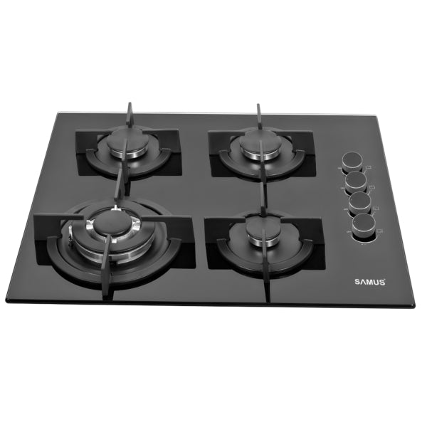 Plita Built-in-negru mat - gaz Samus PSG-64SG6 - sticlă neagră, lăţime 58 cm, 4 arzătoare pe gaz, grătare din fontă individuale, 1 arzător triplu(3,4 kW), 2 arzătoare medii(1,8 kW), 1 arzător mic(1 kW), panou de control lateral, sisteme de siguranţă la ar