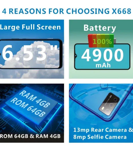 QUBO Telefon mobil QUBO P-668 653 inch 4GB RAM 64GB 4G Albastru