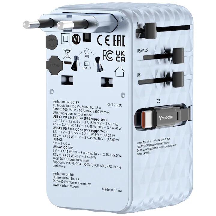 Adaptor Verbatim GaN,70W,2 cabluri retractab,bleuUSB-C PD 3.0 QC4+up to 70W/USB-A QC 4+up to 60W