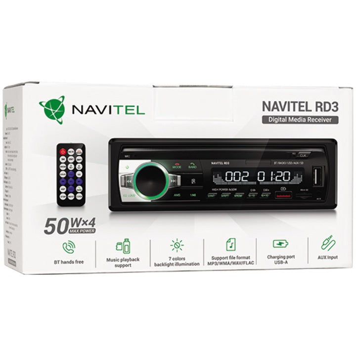 Player Auto Navitel RD3, 1DIN 4х50 watt, Bluetooth 4.0 cu suport A2DP, HFP, FM, redare FLAC, MP3, WMA, WAV, AUX input, microSD pana la 256GB, 2x porturi USB, RGB backlight, RCA-out, Hands-free, Telecomanda