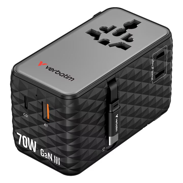 Adaptor Verbatim GaN,70W,2 cabluri retractab,negruUSB-C PD 3.0 QC4+up to 70W/USB-A QC 4+up to 60W