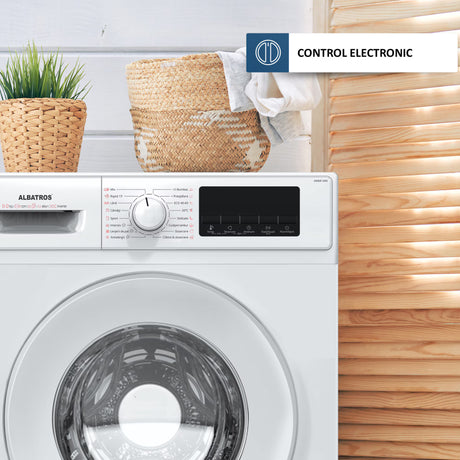 Albatros Masina de spalat rufe Mașină de spălat Albatros AWMI1495, 9 kg, Motor Inverter, 16 Programe, 1400 RPM, Clasa A-10%, reîncărcare în timpul spălării, alb