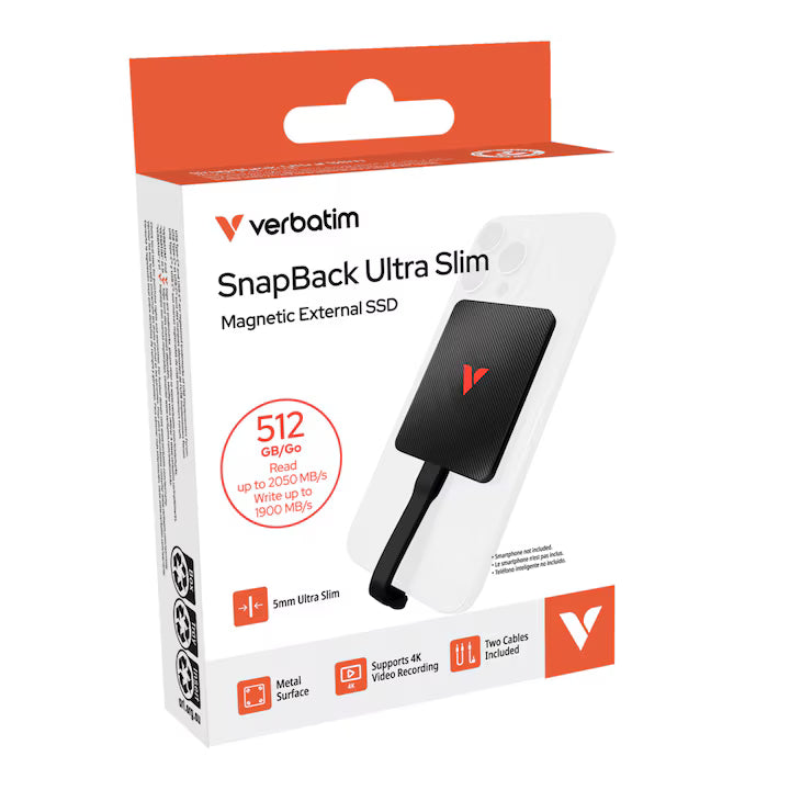 SnapBack SSD 512GB Ultra Slim Negru Verbatim5mm, USB 3.2 Gen 2x2, 2 cabluri incluse