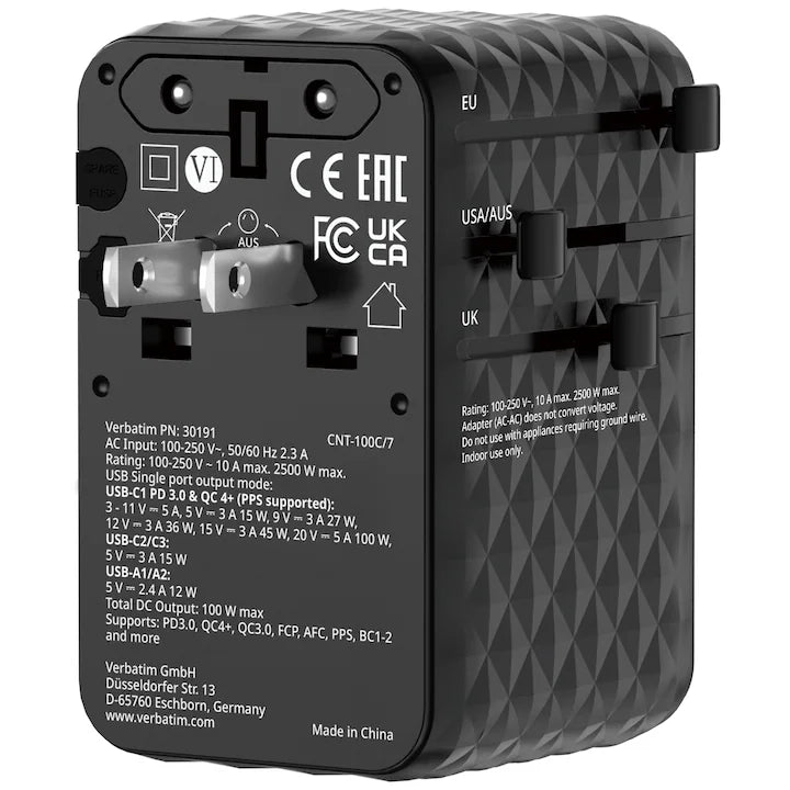 Adaptor Verbatim GaN,100W,cabluri retractab,negruUSB-C PD 3.0 QC4+up to 100W/USB-A up to 12W