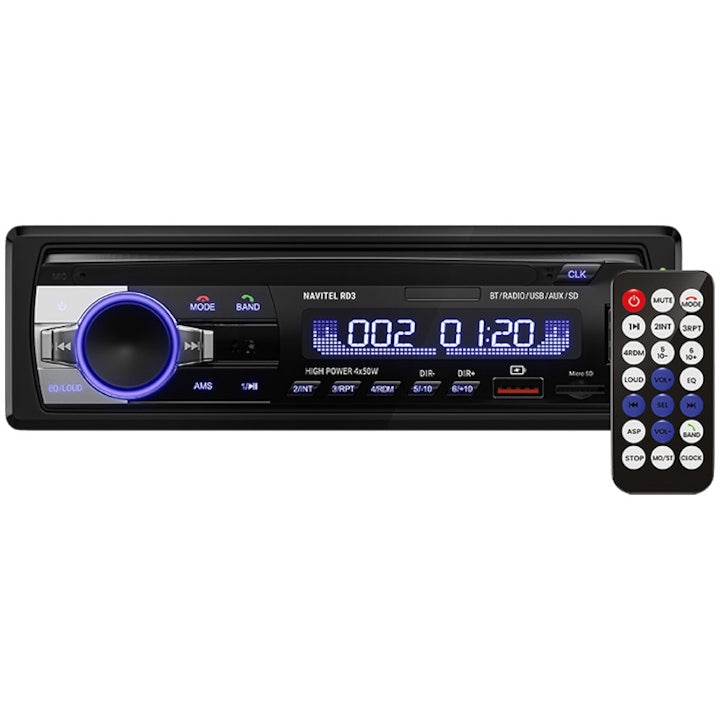 Player Auto Navitel RD3, 1DIN 4х50 watt, Bluetooth 4.0 cu suport A2DP, HFP, FM, redare FLAC, MP3, WMA, WAV, AUX input, microSD pana la 256GB, 2x porturi USB, RGB backlight, RCA-out, Hands-free, Telecomanda