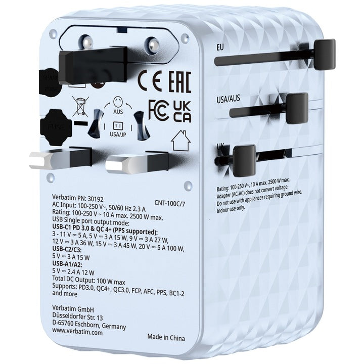 Adaptor Verbatim GaN,100W,cablu retractab,bleuUSB-C PD 3.0 QC4+up to 100W/USB-A up to 12W