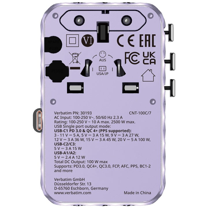 Adaptor Verbatim GaN,100W, cablu retractab,violetUSB-C PD 3.0 QC4+up to 100W/USB-A up to 12W