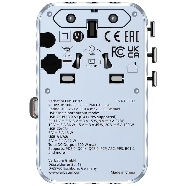 Adaptor Verbatim GaN,100W,cablu retractab,bleuUSB-C PD 3.0 QC4+up to 100W/USB-A up to 12W