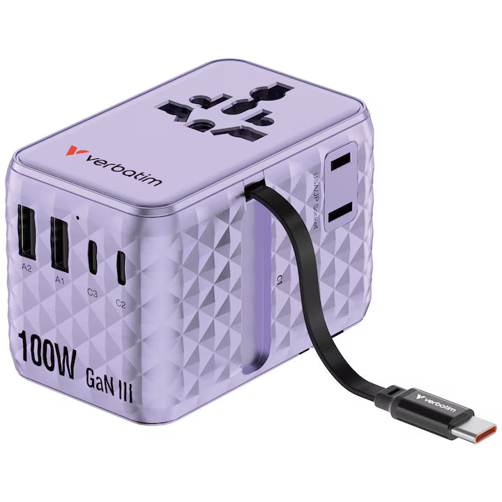 Adaptor Verbatim GaN,100W, cablu retractab,violetUSB-C PD 3.0 QC4+up to 100W/USB-A up to 12W