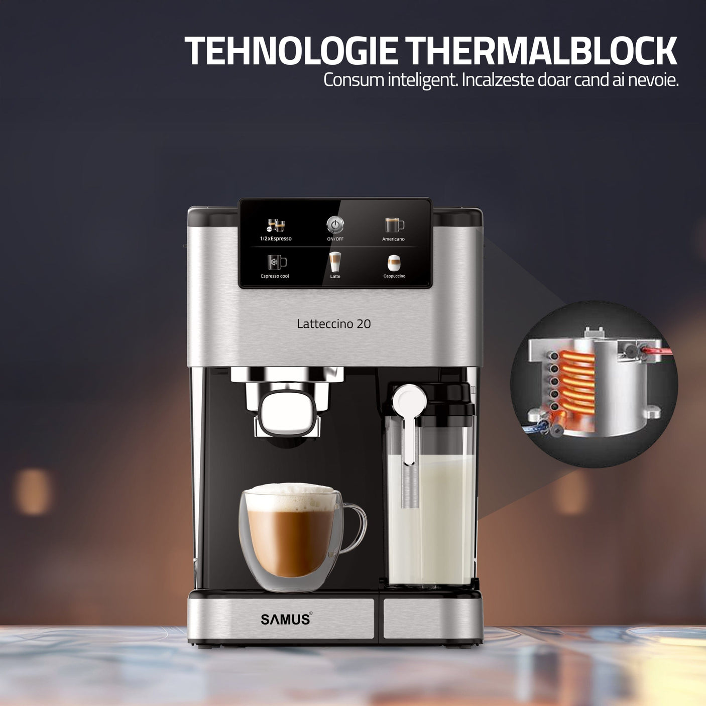 Samus Espressor automat Espressor Manual Samus LATTECCINO 20 | 1350W, 1.5L, 20 bari, Inox