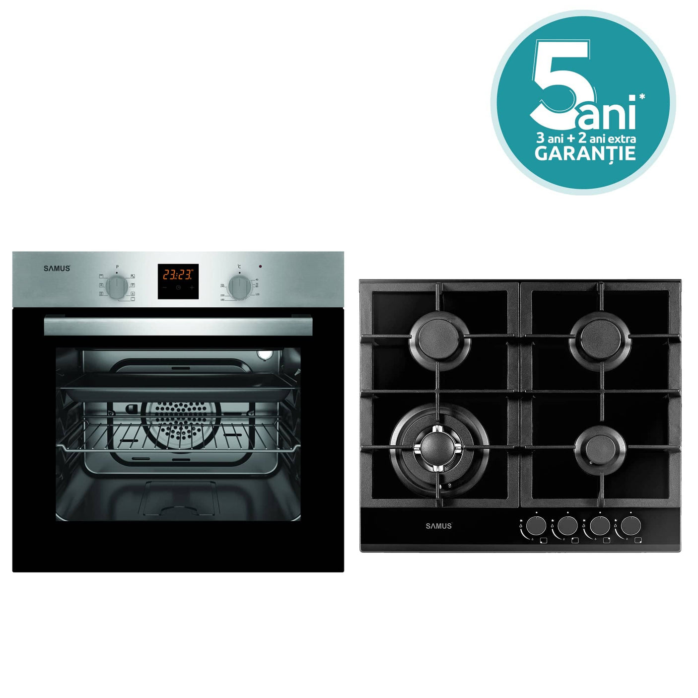 Samus Pachet built in Pachet Built-In Samus SC617EXV + PSG-64SG1 | Cuptor 56L 7 Functii + Plita Gaz 4 Arzatoare, Inox/Negru