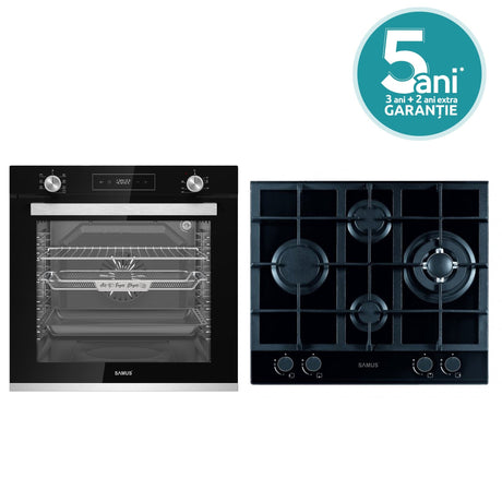 Samus Pachet built in Pachet Built-In Samus SCE827GCF + PSG-64SG2 | Cuptor 80L 7 Functii + Plita Gaz WOK 4 Arzatoare, Negru