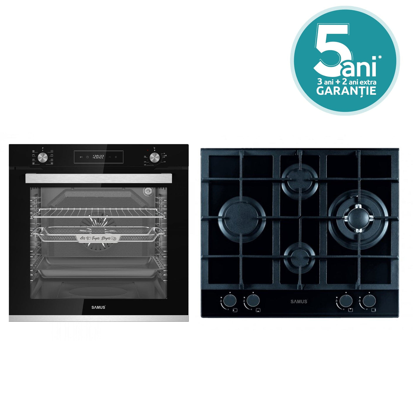 Samus Pachet built in Pachet Built-In Samus SCE828GCF3D + PSG-64SG2 | Cuptor 80L 8 Functii + Plita Gaz WOK 4 Arzatoare, Negru