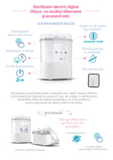 Sterilizator Electric Digital Chicco cu Uscator Biberoane și Accesorii Mici, 0luni+