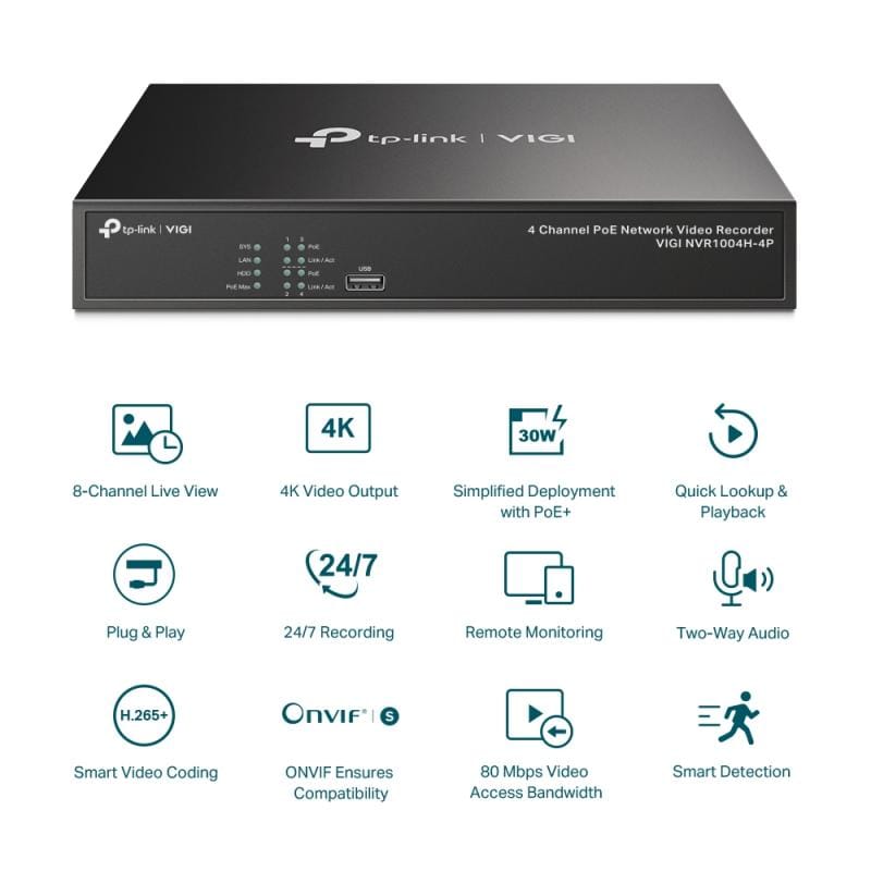 TP-Link NVR TP-Link VIGI NVR1004H-4P cu 4 canale, PoE integrat, pentru camere IP, monitorizare și administrare la distanță