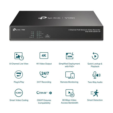 TP-Link NVR TP-Link VIGI NVR1004H-4P cu 4 canale, PoE integrat, pentru camere IP, monitorizare și administrare la distanță