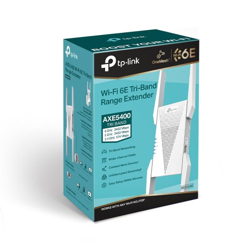 TP-Link TP-Link RE815XE Repeater Wi‑Fi 6E Range Extender, Bandă 6 GHz, Port Ethernet, Instalare WPS/Aplicație