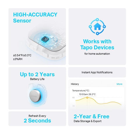 TP-Link Senzor inteligent temperatură TP-Link Tapo T310 pentru monitorizare climat interior, integrare Tapo Smart Home