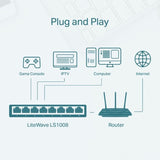 TP-Link Switch TP-Link LS1008, 8 porturi Fast Ethernet 10/100 Mbps, neadministrabil, plug-and-play, silențios, economisire energie