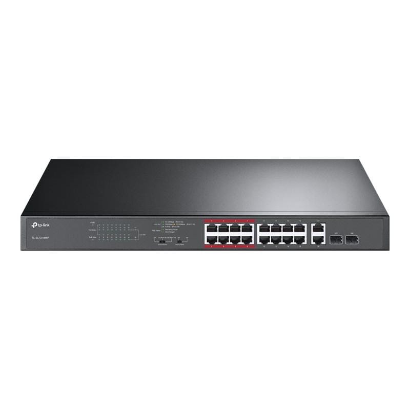 TP-Link Switch TP-Link TL-SL1218MP, 16 porturi Fast Ethernet PoE+ și 2 uplink Gigabit, management rețea pentru birou și supraveghere IP