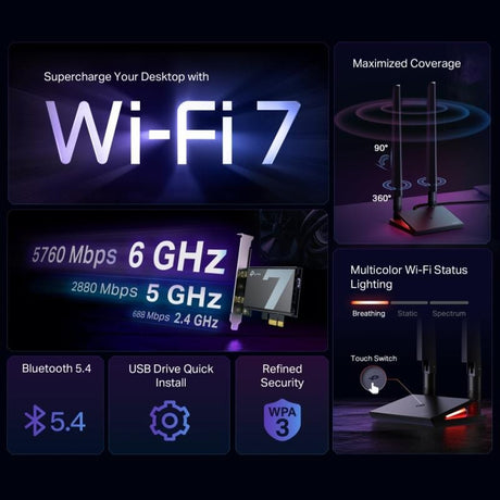 TP-Link Placă de rețea wireless internă TP-Link Archer TBE550E PCIe, Wi‑Fi 7, WPA3, pentru PC desktop