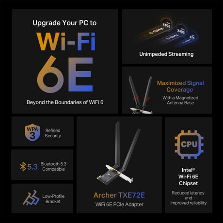 TP-Link Placă de rețea TP-Link Archer TXE72E PCIe Wi‑Fi 6E pentru PC Desktop, conexiune rapidă și stabilă