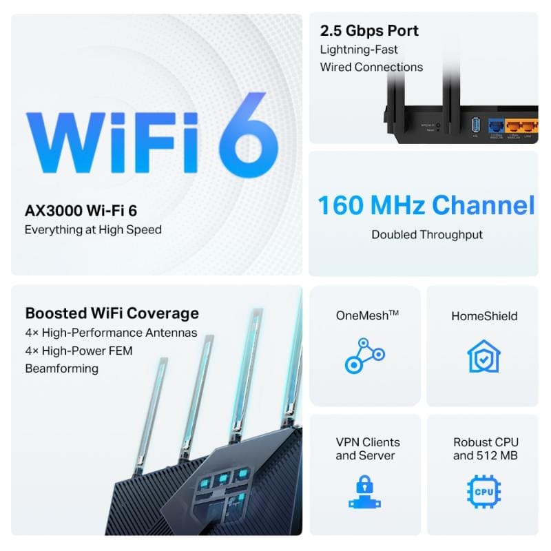 TP-Link Router Wi‑Fi 6 TP‑Link Archer AX55 Pro, Dual‑Band Gigabit, pentru streaming 4K/8K și gaming, securitate avansată