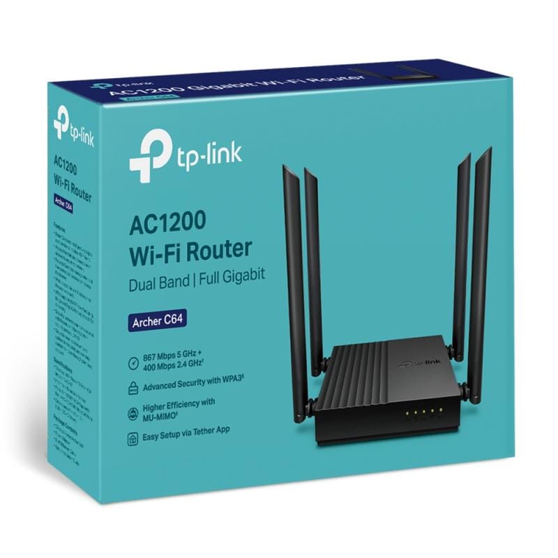 TP-Link Router Wi‑Fi TP‑Link Archer C64 Dual Band AC1200, 4 antene, acoperire extinsă pentru casă și birou