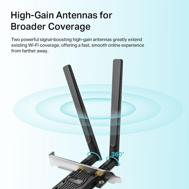 TP-Link Adaptor Wi‑Fi 6 TP‑Link Archer TX20E PCIe, antene externe, conexiune stabilă pentru PC