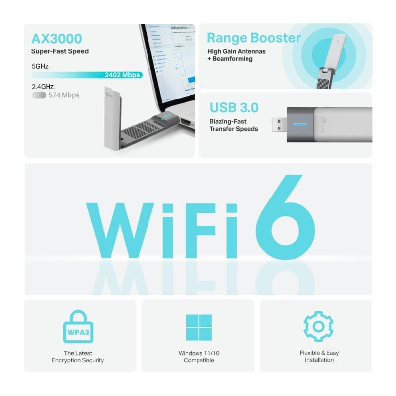 TP-Link Adaptor USB Wi‑Fi TP-Link Archer TX50UH, conexiune wireless stabilă pentru PC și laptop, ideal pentru streaming, gaming și lucru remote