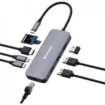Hub USB-C Verbatim 32157 | 9 Porturi, 100W PD, HDMI 4K, Ethernet, Argintiu